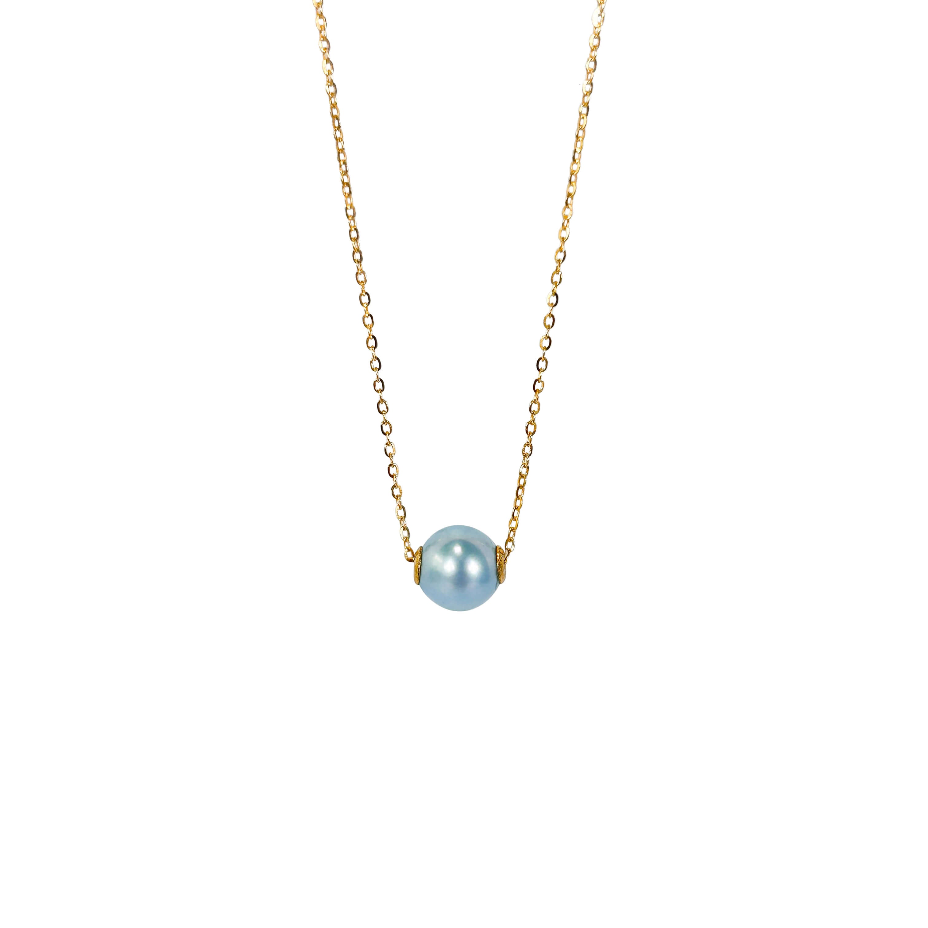 Solid 18K Gold Genuine Freshwater Pearl Floating Candy Blue Rose Necklace