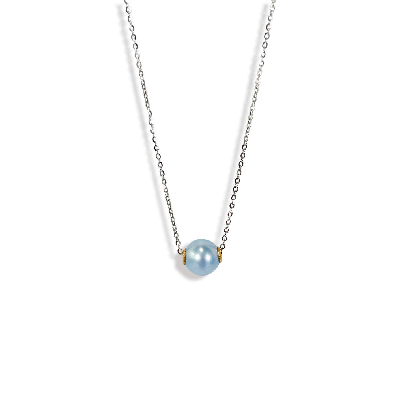 Solid 18K Gold Genuine Freshwater Pearl Floating Candy Blue Rose Necklace