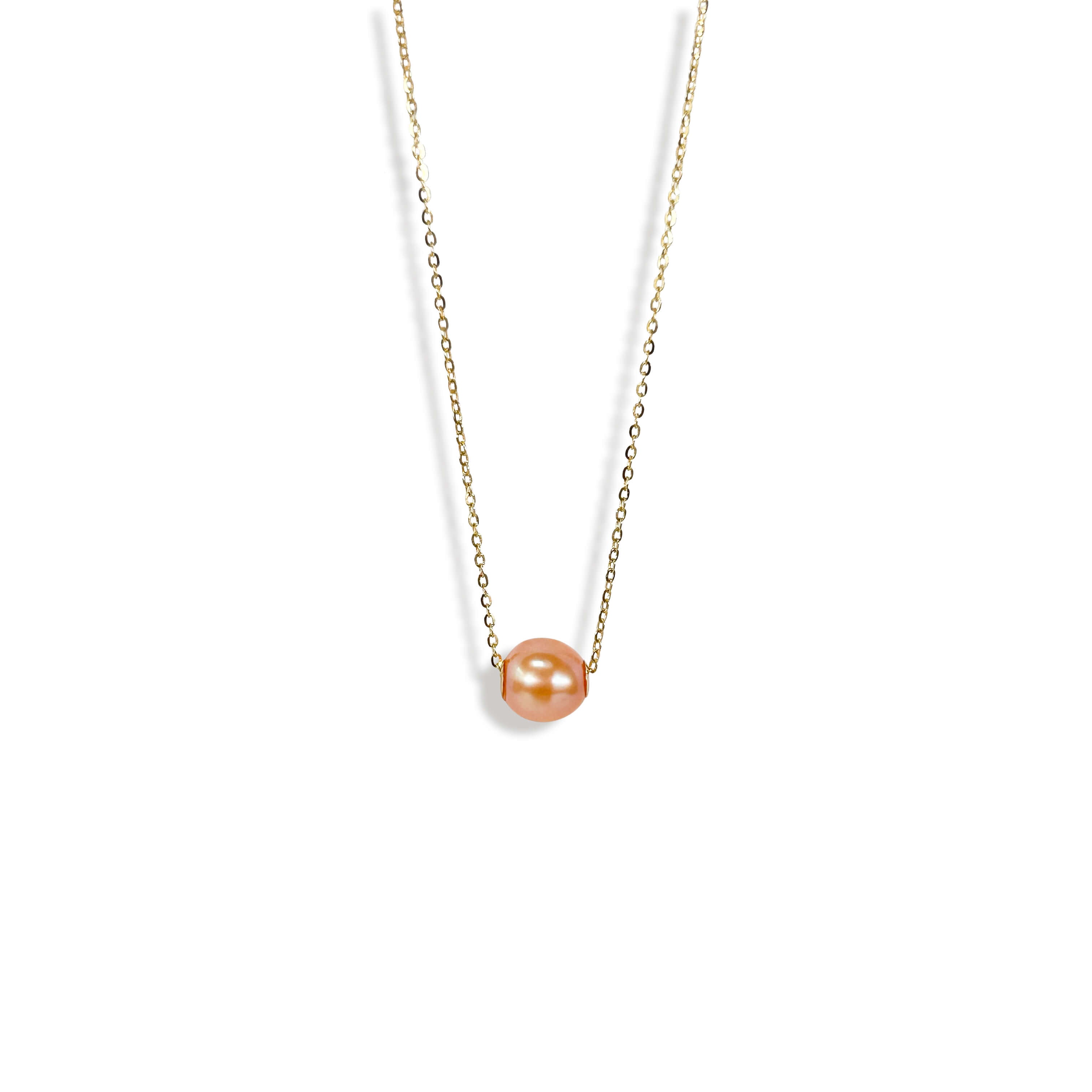 Solid 18K Gold Genuine Freshwater Pearl Floating Candy Peach Necklace