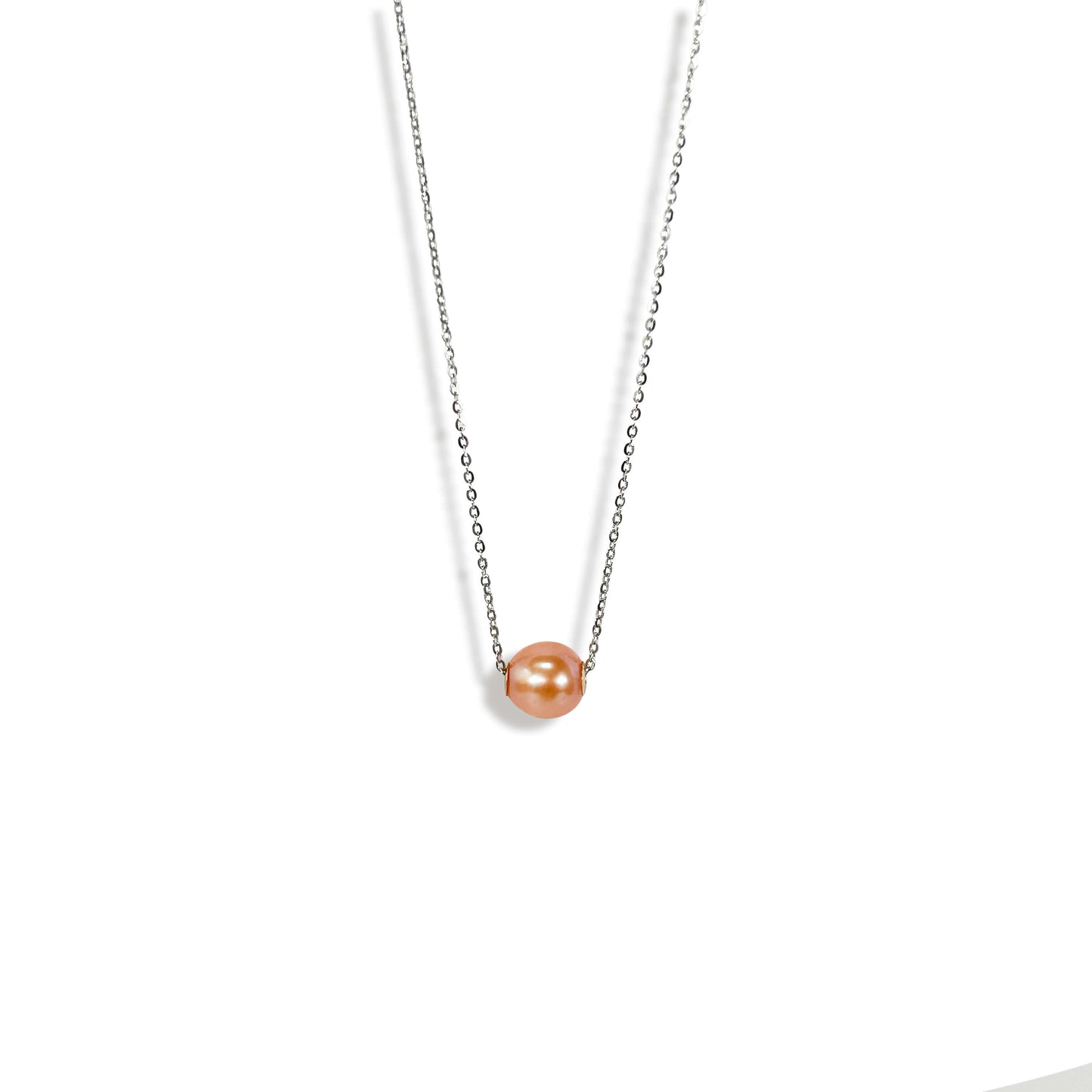 Solid 18K Gold Genuine Freshwater Pearl Floating Candy Peach Necklace