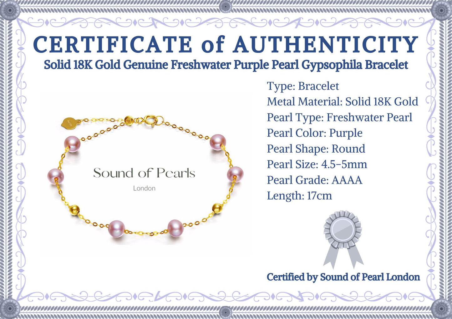 Solid 18K Gold Genuine Freshwater Purple Pearl Gypsophila Bracelet