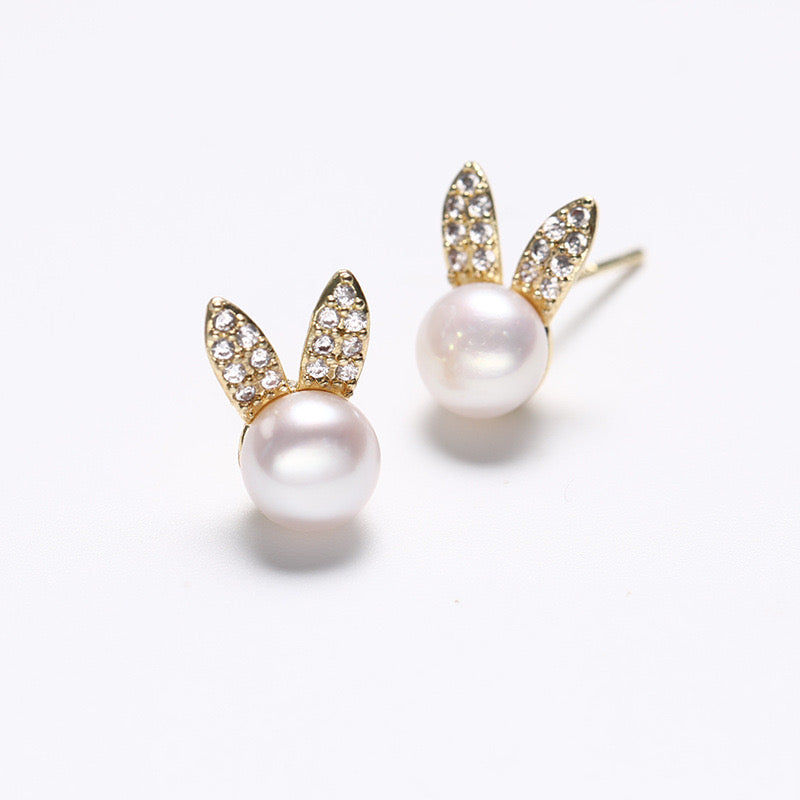 Genuine Freshwater Pearl Solid S925 Silver Golden Rabbit Earrings