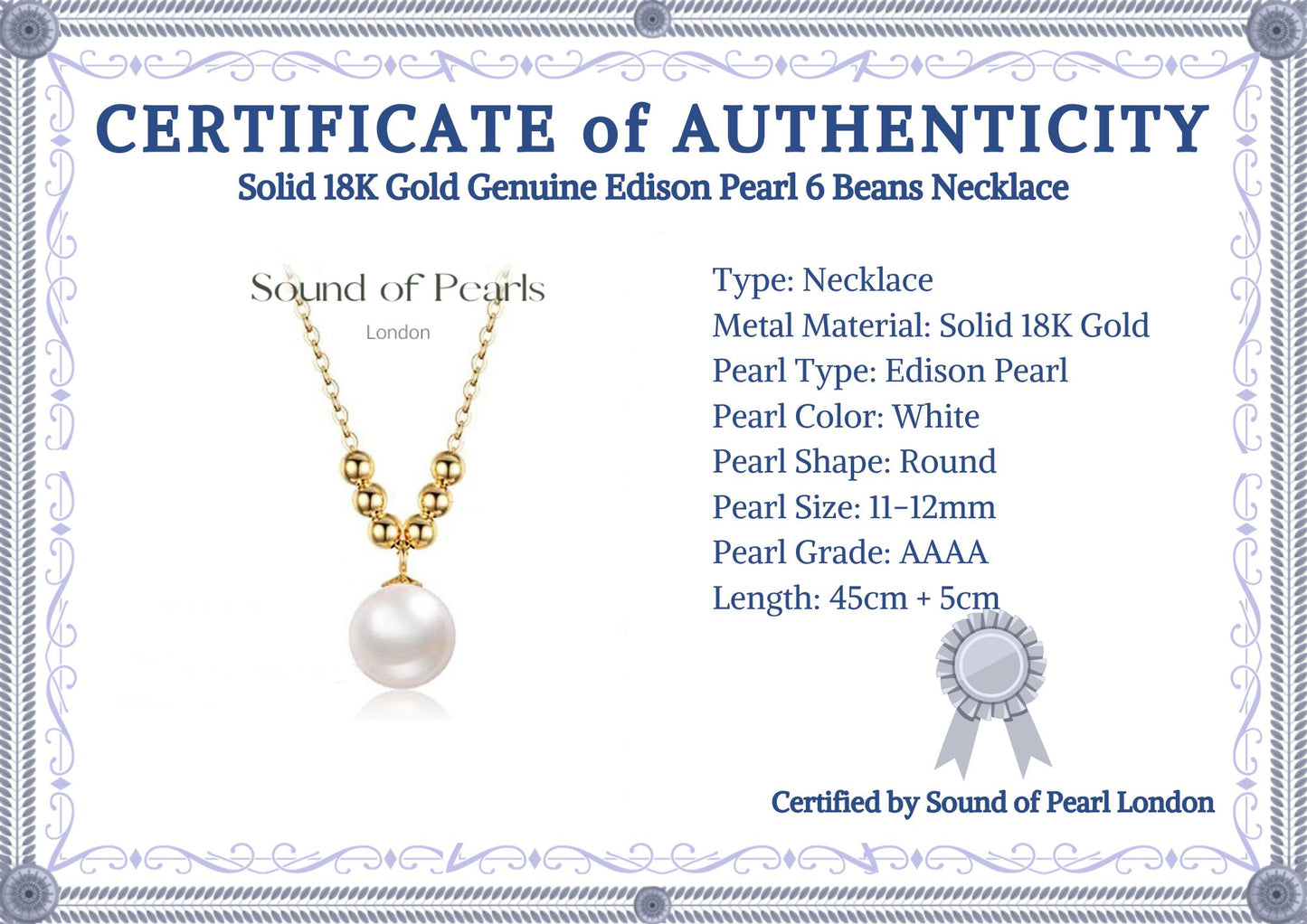 Solid 18K Gold Genuine Edison Pearl 6 Beans Necklace