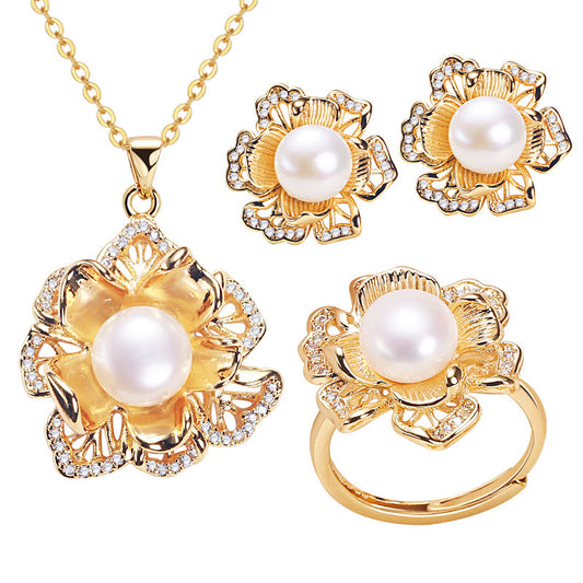 Brass Plated with 18K Gold Genuine Freshwater Pearl Goddess Flower Set