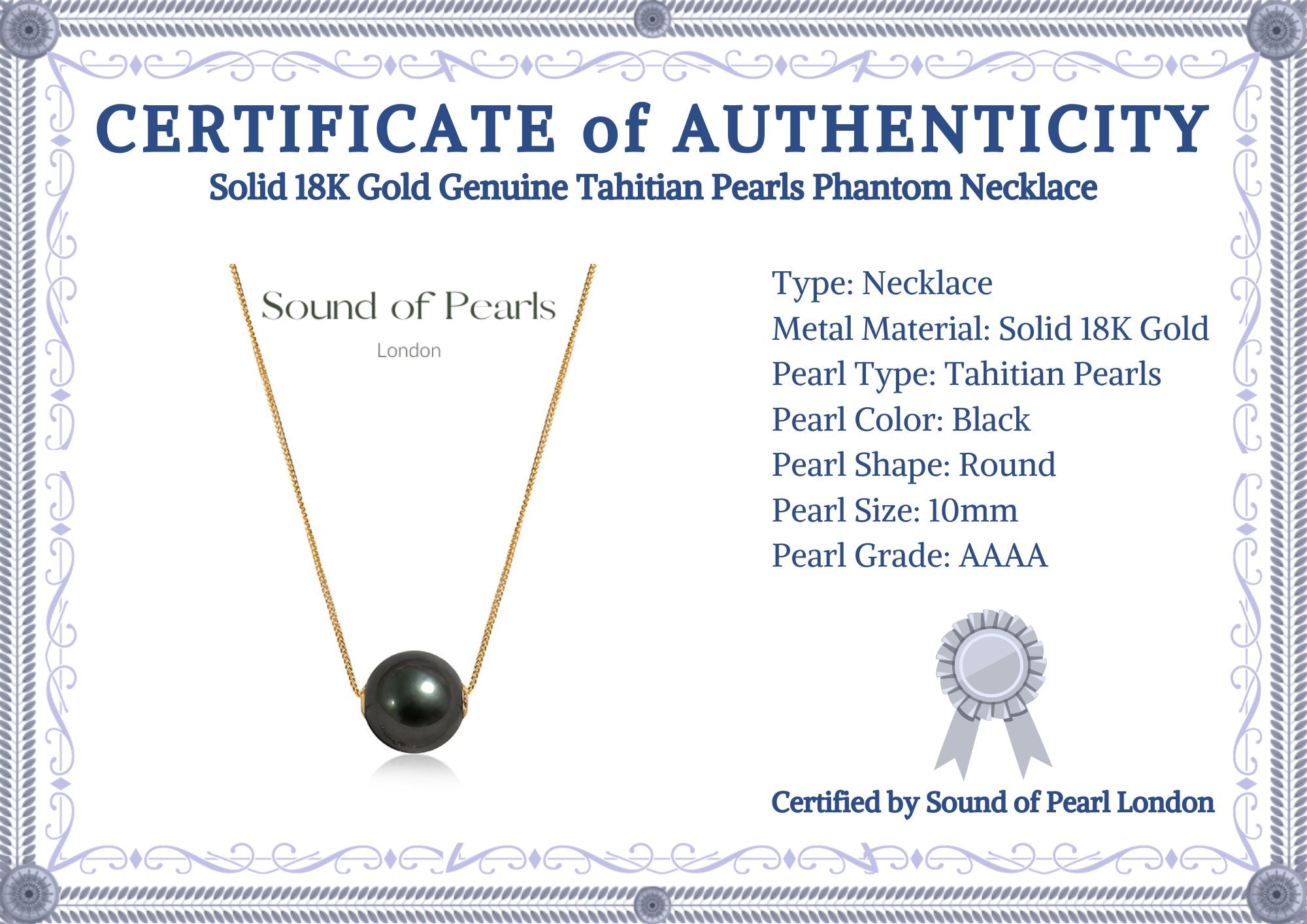 Solid 18K Gold Genuine AAAA 9-10mm Tahitian Pearl Phantom Necklace