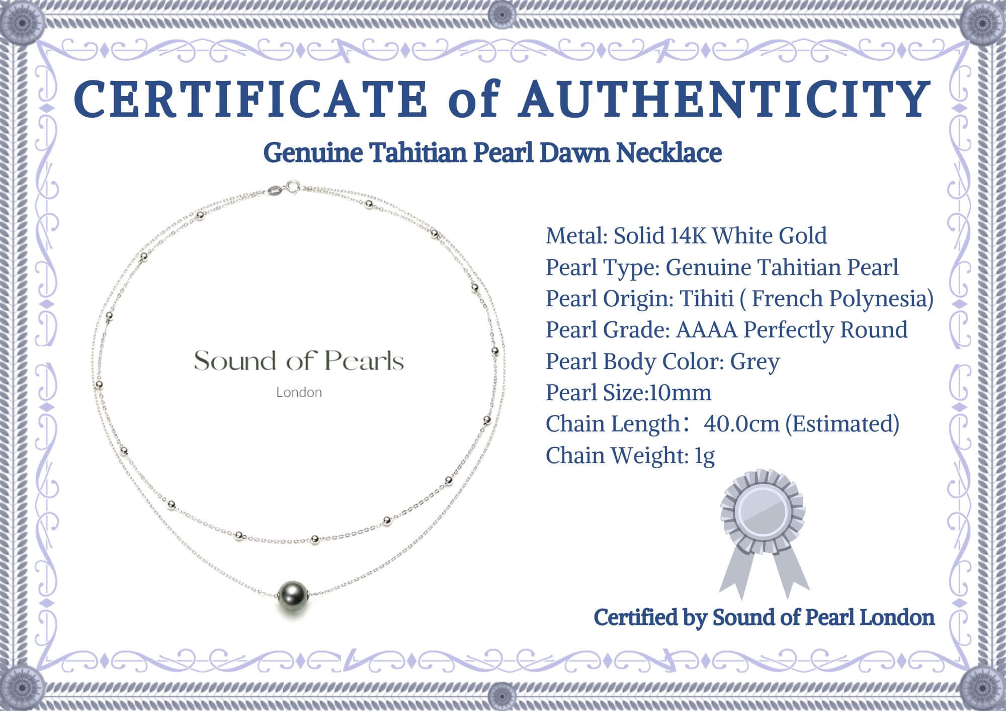 Solid 18K White Gold Genuine Tahitian Pearl Dawn Necklace
