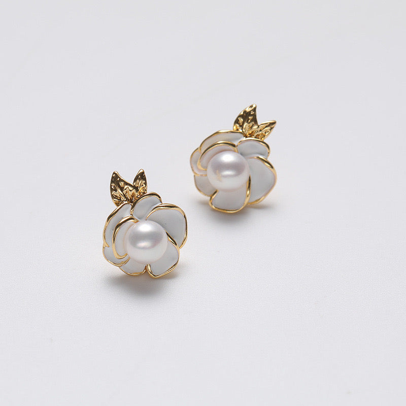 Genuine Freshwater Pearl Solid S925 Silver Camellia Earrings