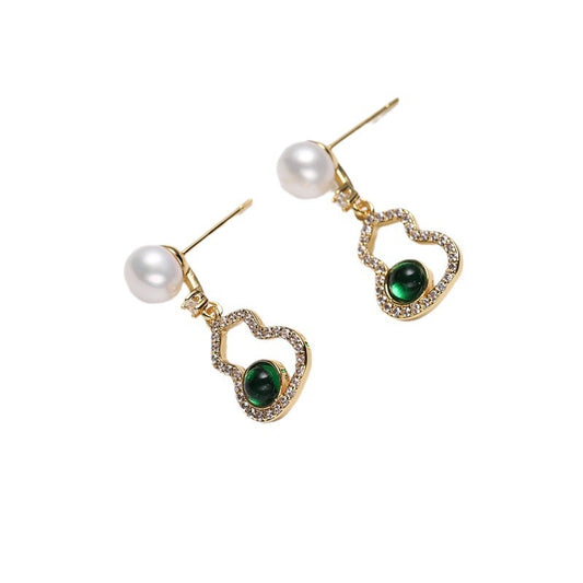 Genuine Freshwater Pearl Solid S925 Silver Emerald Gourd Earrings