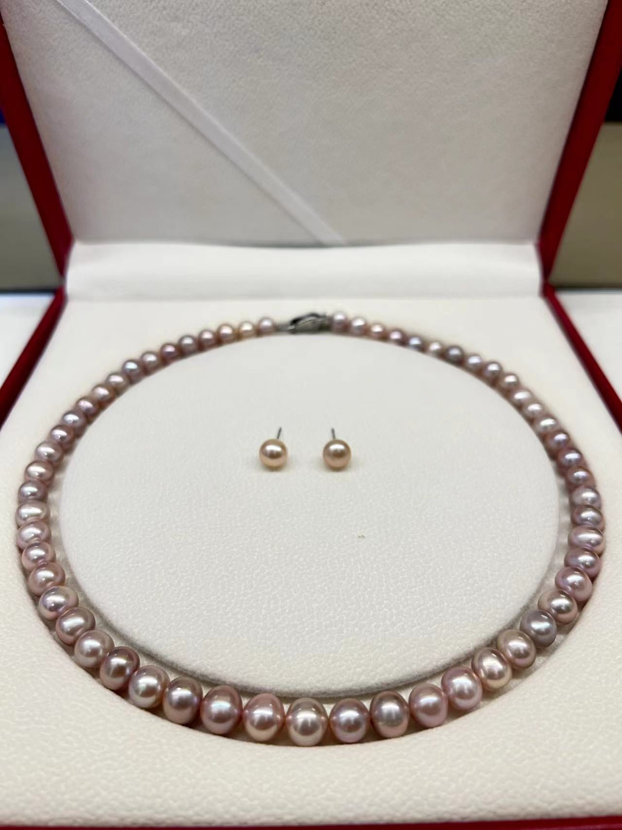 Genuine Freshwater Round Purple Pearl Solid S925 Silver Necklace Set