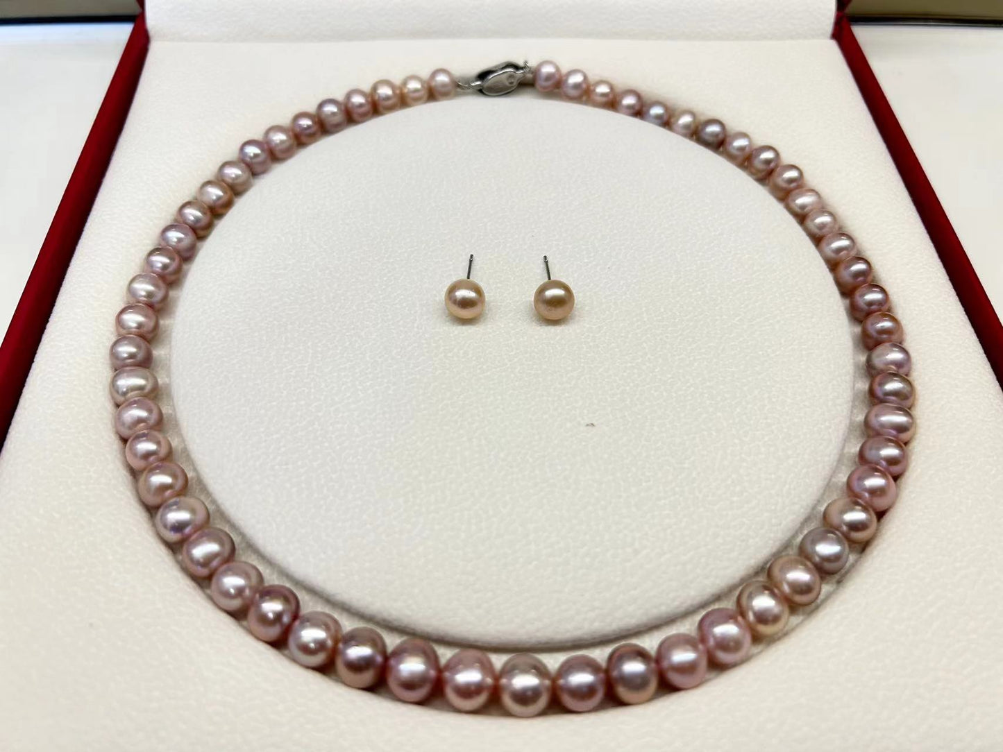 Genuine Freshwater Round Purple Pearl Solid S925 Silver Necklace Set