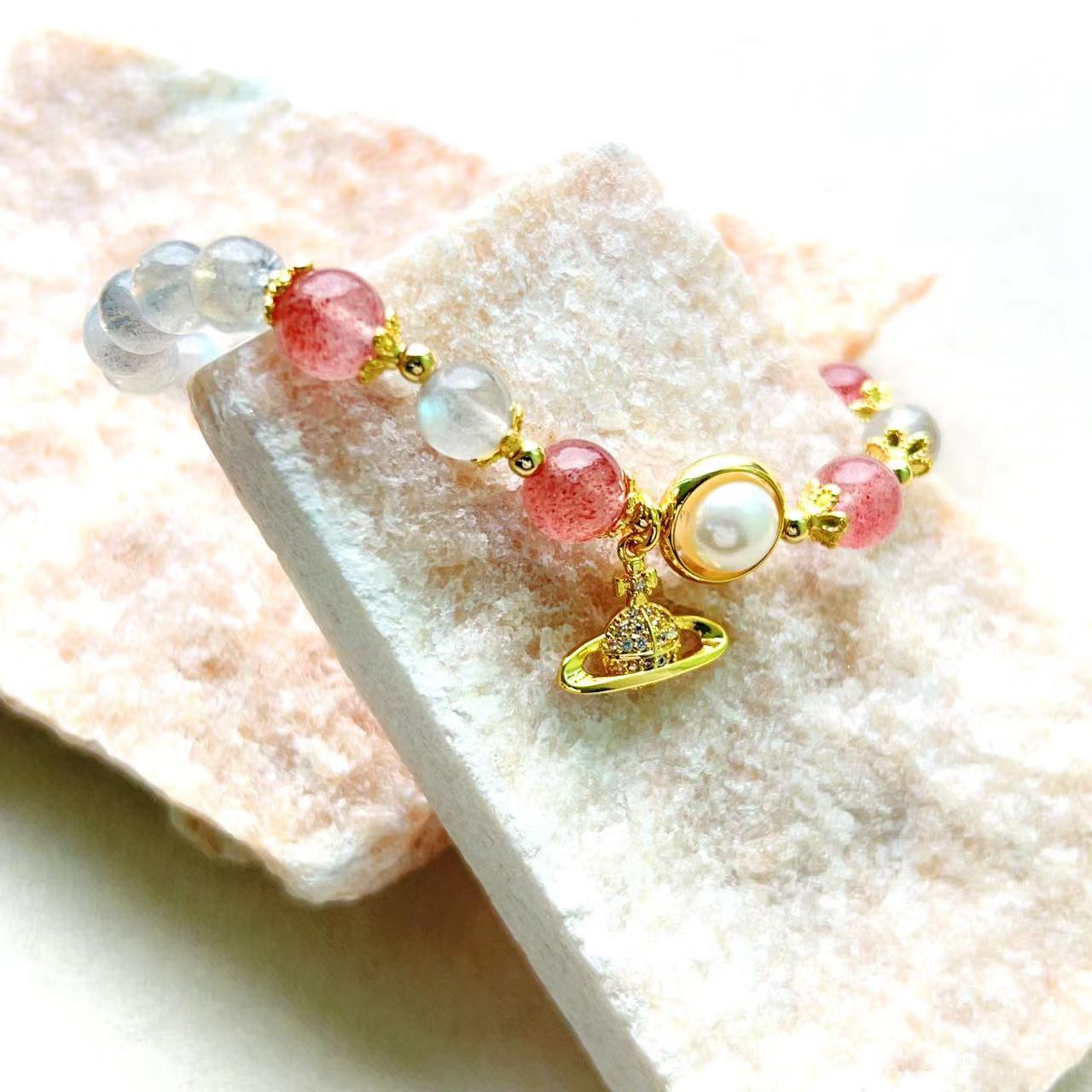 Moonstone & Strawberry Crystal Saturn Bracelet