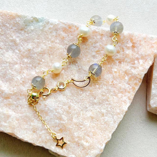 Moonstone & Freshwater Pearl Starry Night Bracelet