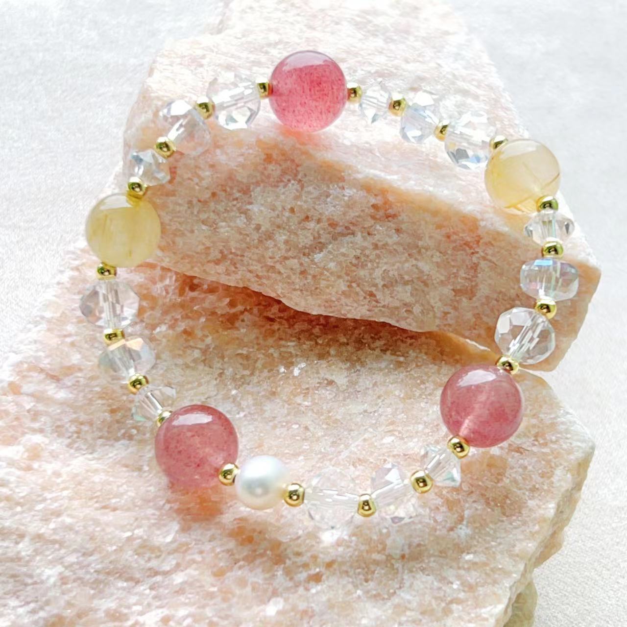 Rutilated Quartz & Red Strawberry Crystal Balance Bracelet