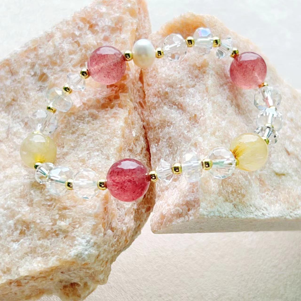 Rutilated Quartz & Red Strawberry Crystal Balance Bracelet