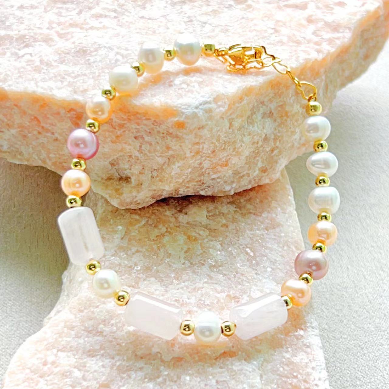 Rose Quartz & Freshwater Color Pearl Balance Energy Bracelet