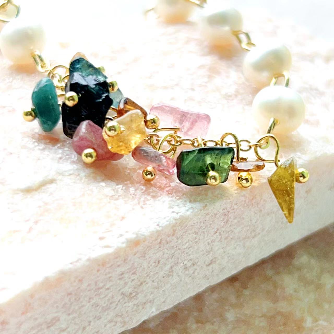 Tourmaline & Freshwater Pearl Flower Wreath Bracelet