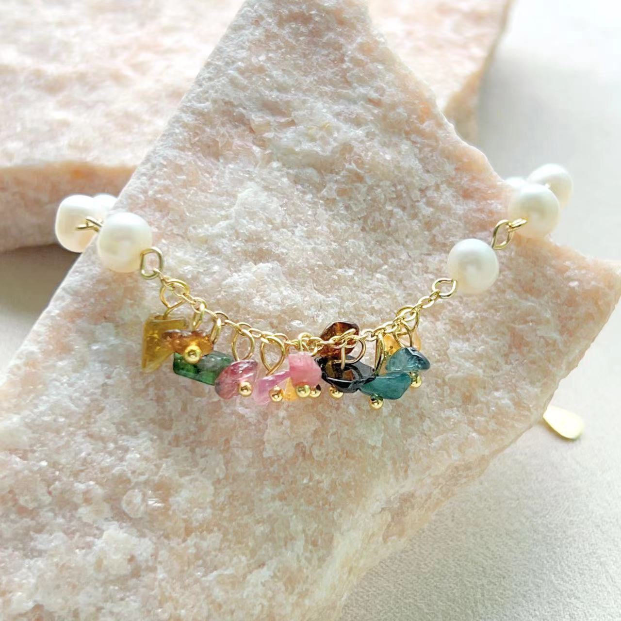 Tourmaline & Freshwater Pearl Flower Wreath Bracelet