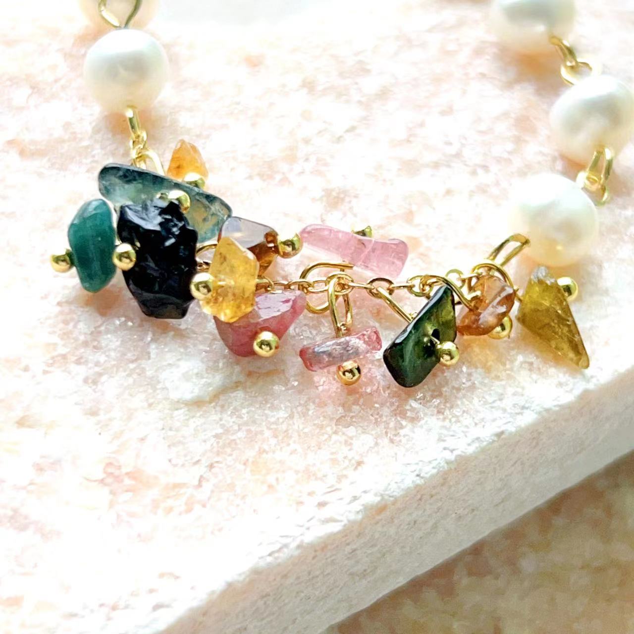 Tourmaline & Freshwater Pearl Flower Wreath Bracelet