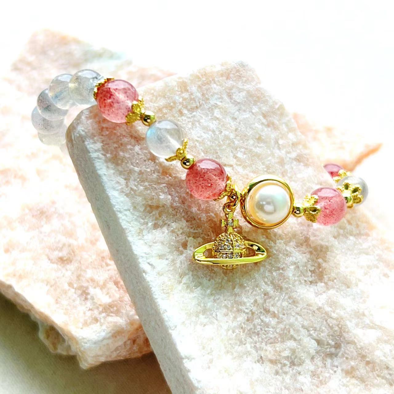 Moonstone & Strawberry Crystal Saturn Bracelet