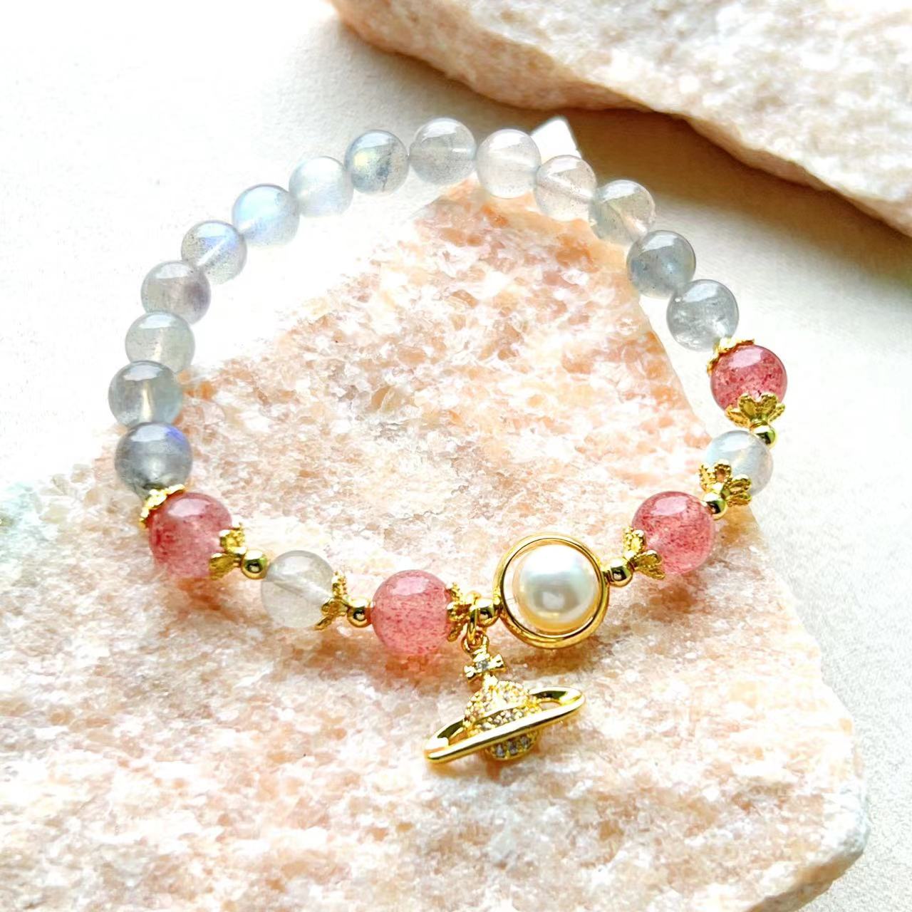 Moonstone & Strawberry Crystal Saturn Bracelet