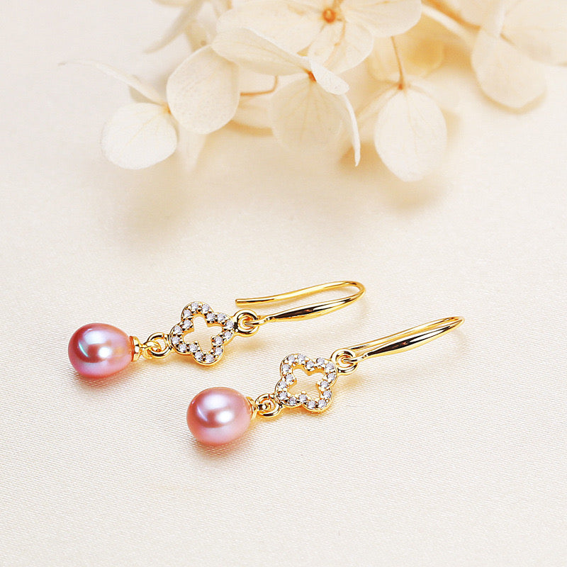 Brass Plated with 18K Gold Genuine Freshwater Pearl Golden Clover Earrings