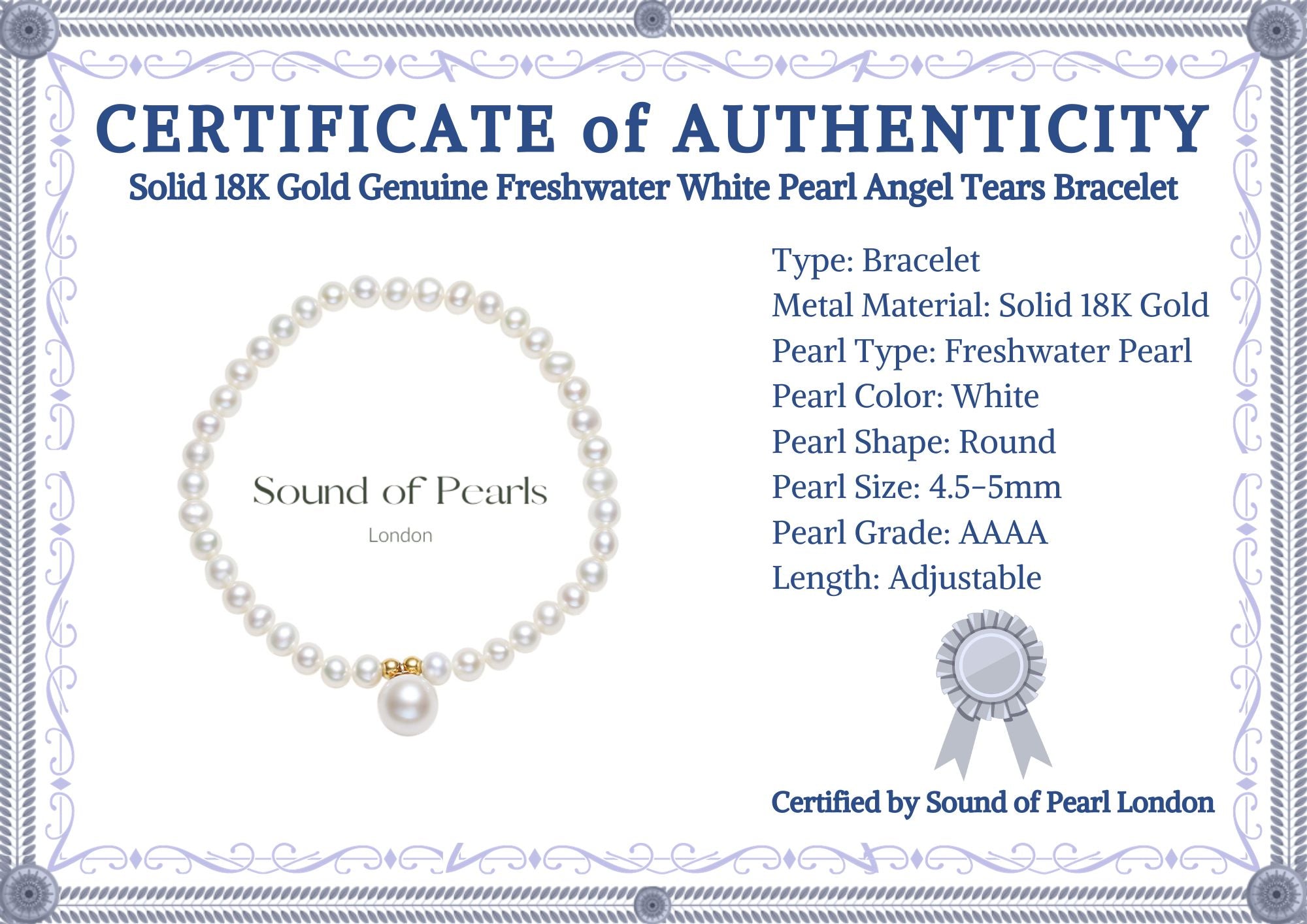 Solid 18K Gold Genuine Freshwater White Pearl Angel Tears Bracelet