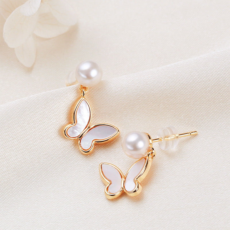 Solid S925 Silver Genuine Freshwater Pearl Butterfly Earrings