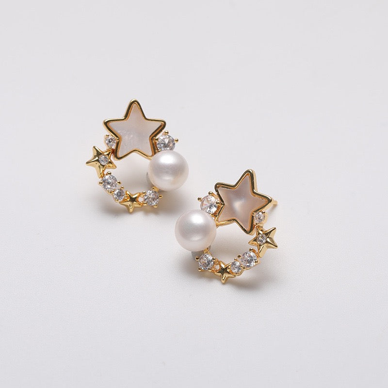 Genuine Freshwater Pearl Solid S925 Silver Moon Star Earrings