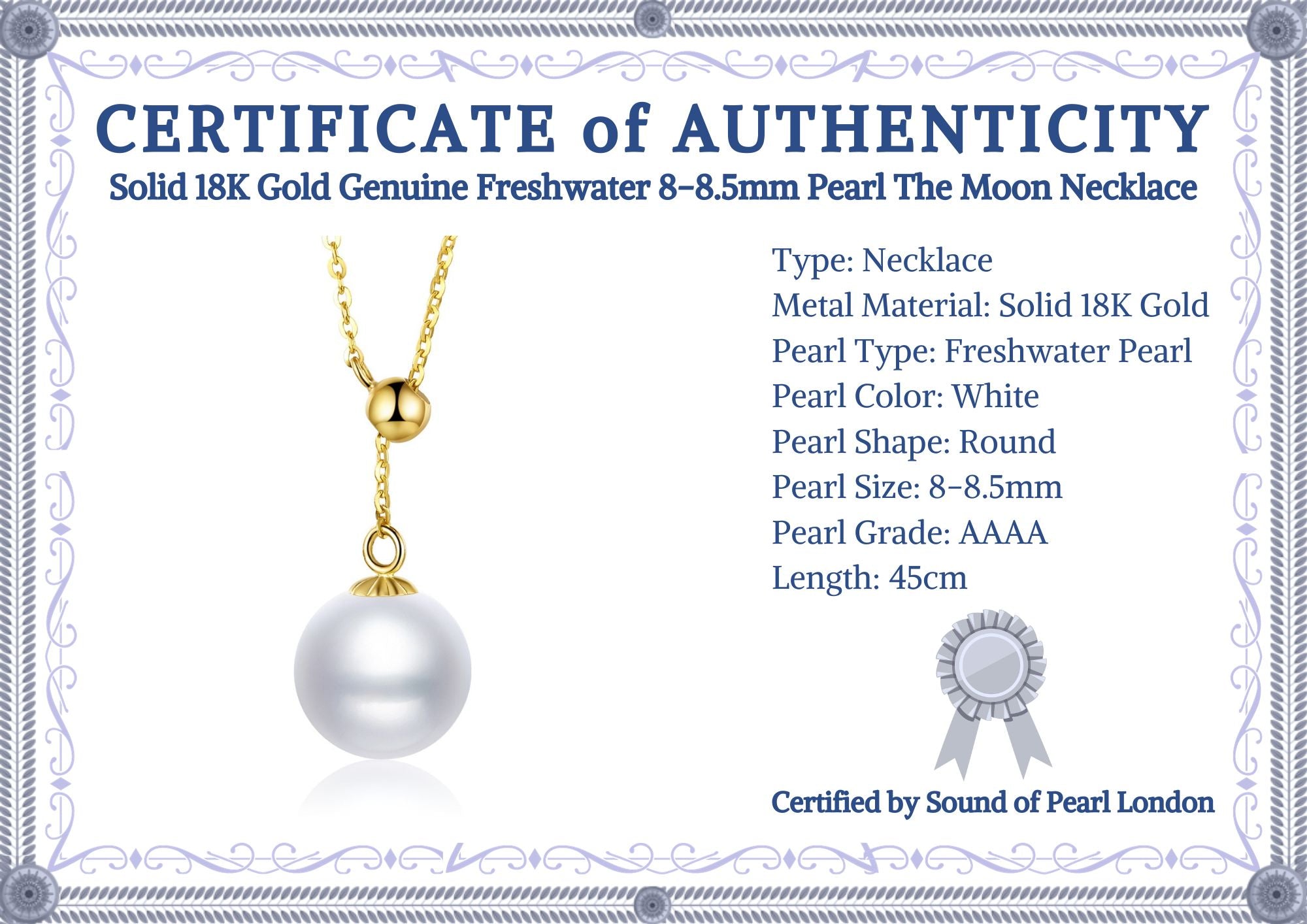Solid 18K Gold Genuine Freshwater 8-8.5mm Pearl The Moon Necklace