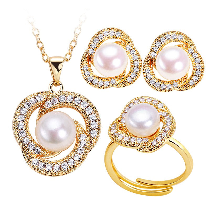 Brass Plated with 18K Gold Genuine Freshwater Pearl Loving Angle Set