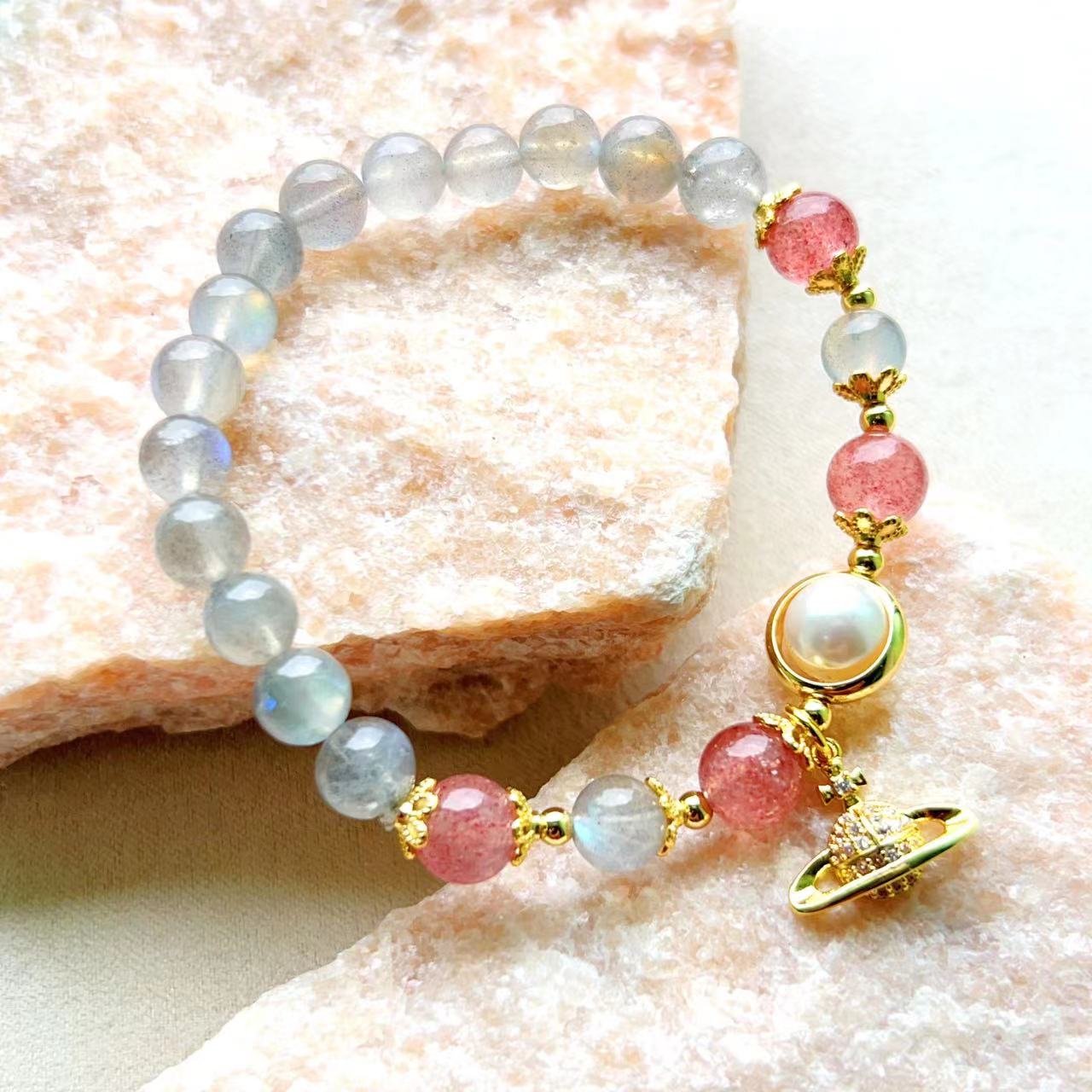 Moonstone & Strawberry Crystal Saturn Bracelet