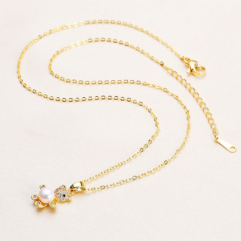 Brass Plated with 18K Gold Genuine Freshwater Pearl Hug Bear Set