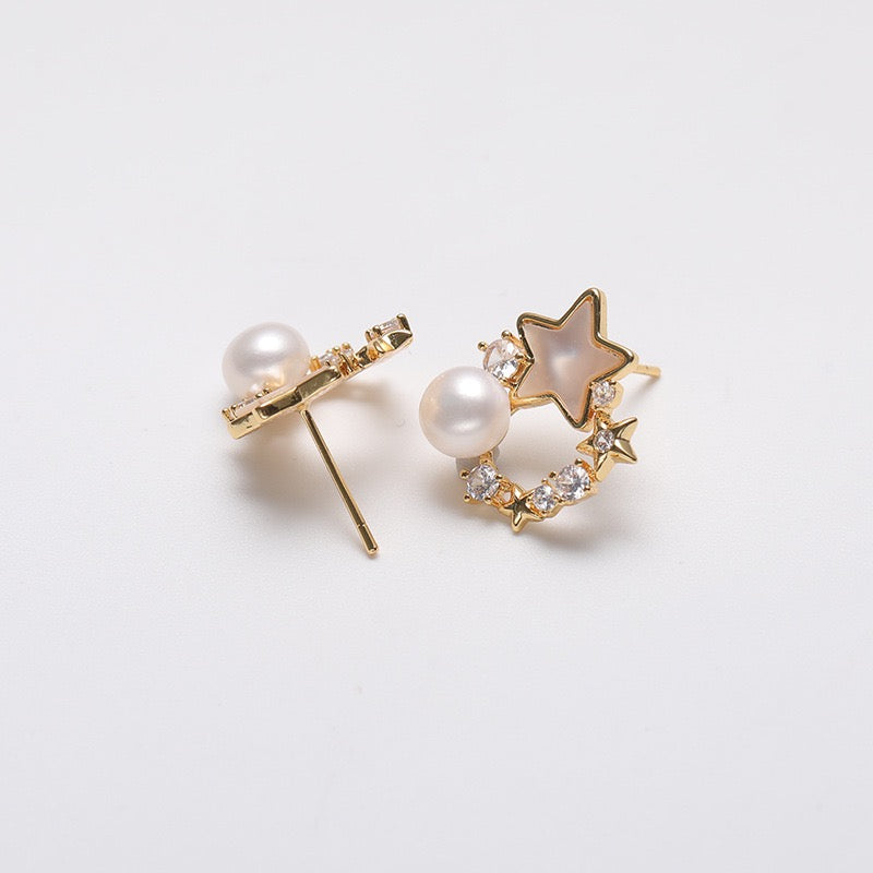 Genuine Freshwater Pearl Solid S925 Silver Moon Star Earrings