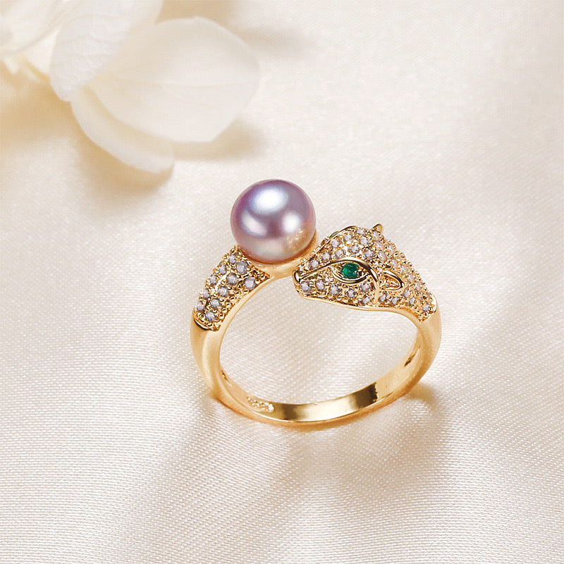 Brass Plated with 18K Gold Genuine Freshwater Pearl Leopard head Ring