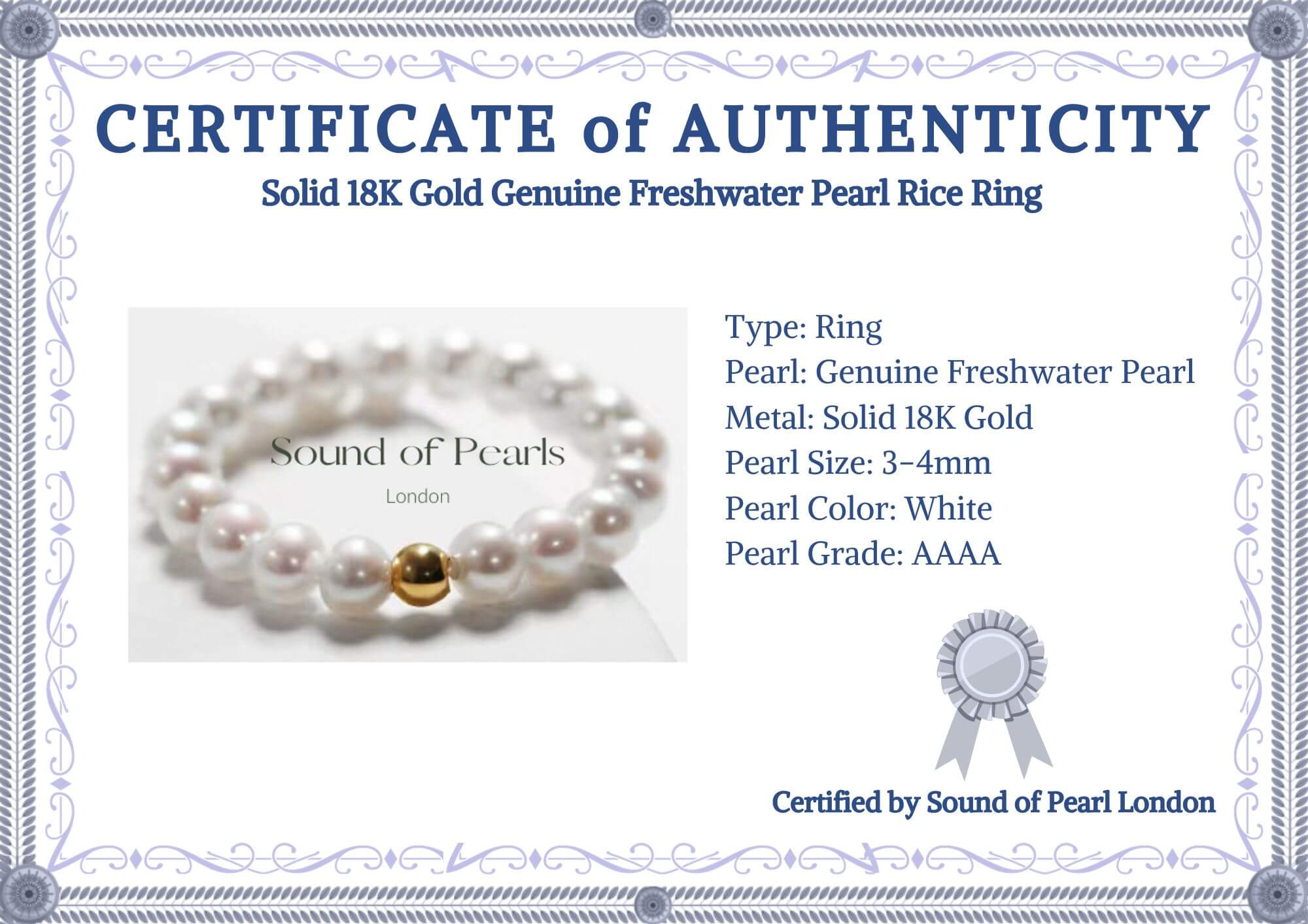 Solid 18K Gold Genuine Freshwater Pearl Rice Ring