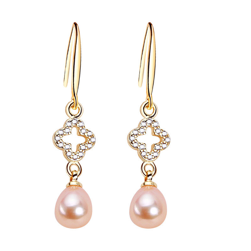 Brass Plated with 18K Gold Genuine Freshwater Pearl Golden Clover Earrings