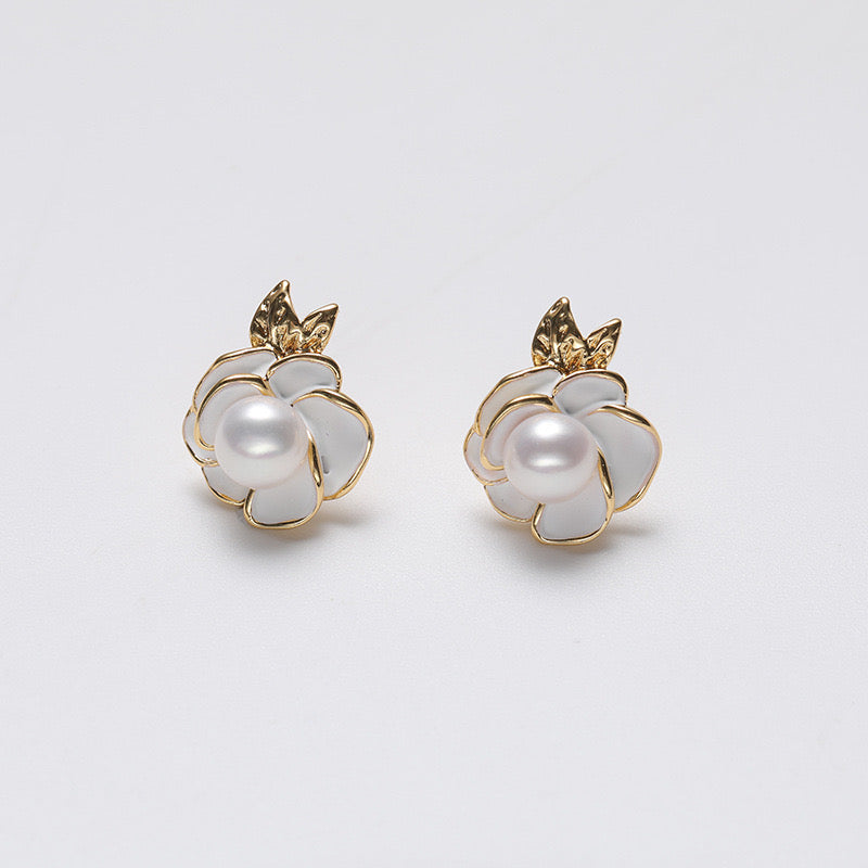 Genuine Freshwater Pearl Solid S925 Silver Camellia Earrings