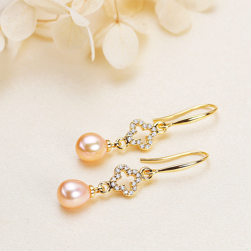 Brass Plated with 18K Gold Genuine Freshwater Pearl Golden Clover Earrings