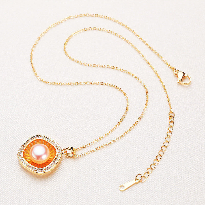 Brass Plated with 18K Gold Genuine Freshwater Pearl World Window Necklace