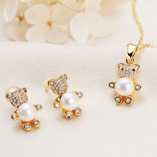 Brass Plated with 18K Gold Genuine Freshwater Pearl Hug Bear Set