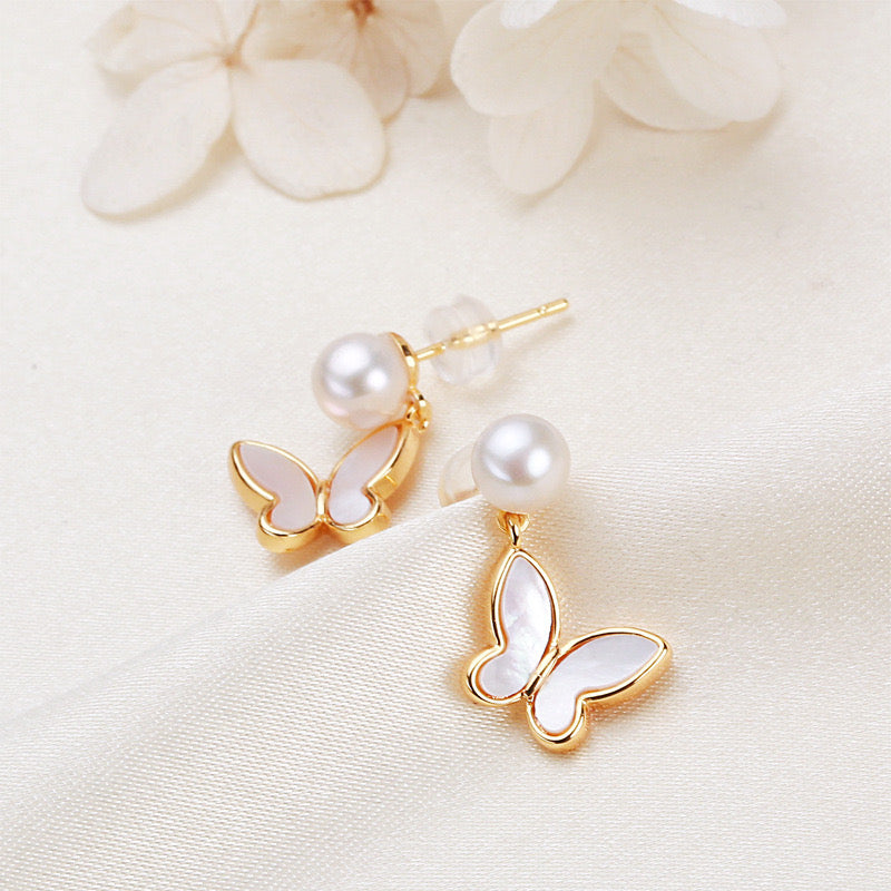 Solid S925 Silver Genuine Freshwater Pearl Butterfly Earrings