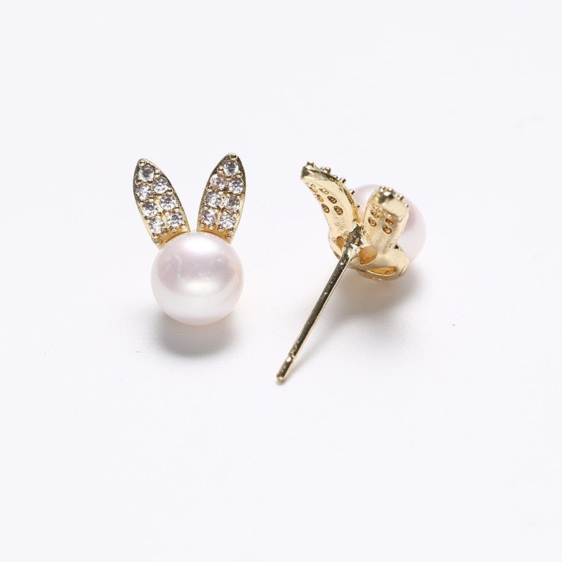 Genuine Freshwater Pearl Solid S925 Silver Golden Rabbit Earrings