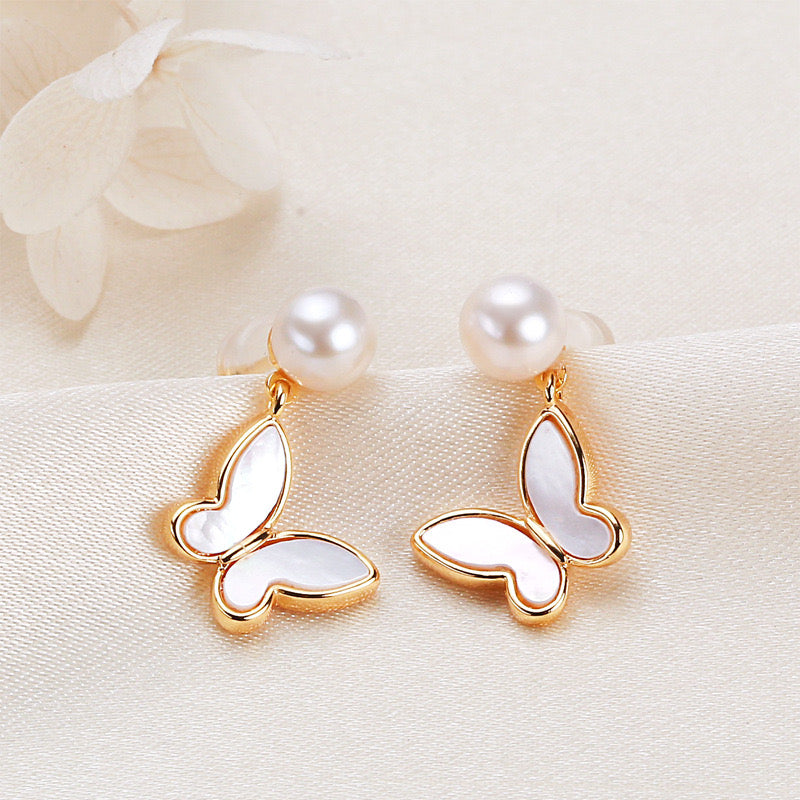 Solid S925 Silver Genuine Freshwater Pearl Butterfly Earrings