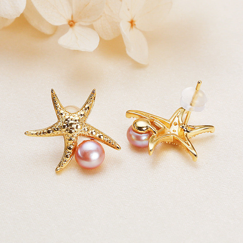 Brass Plated with 18K Gold Genuine Freshwater Pearl Starfish Earrings