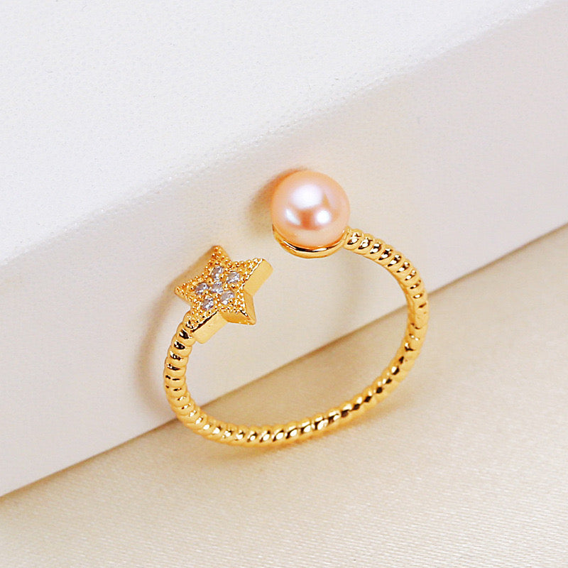 Brass Plated with 18K Gold Genuine Freshwater Pearl Star Ring