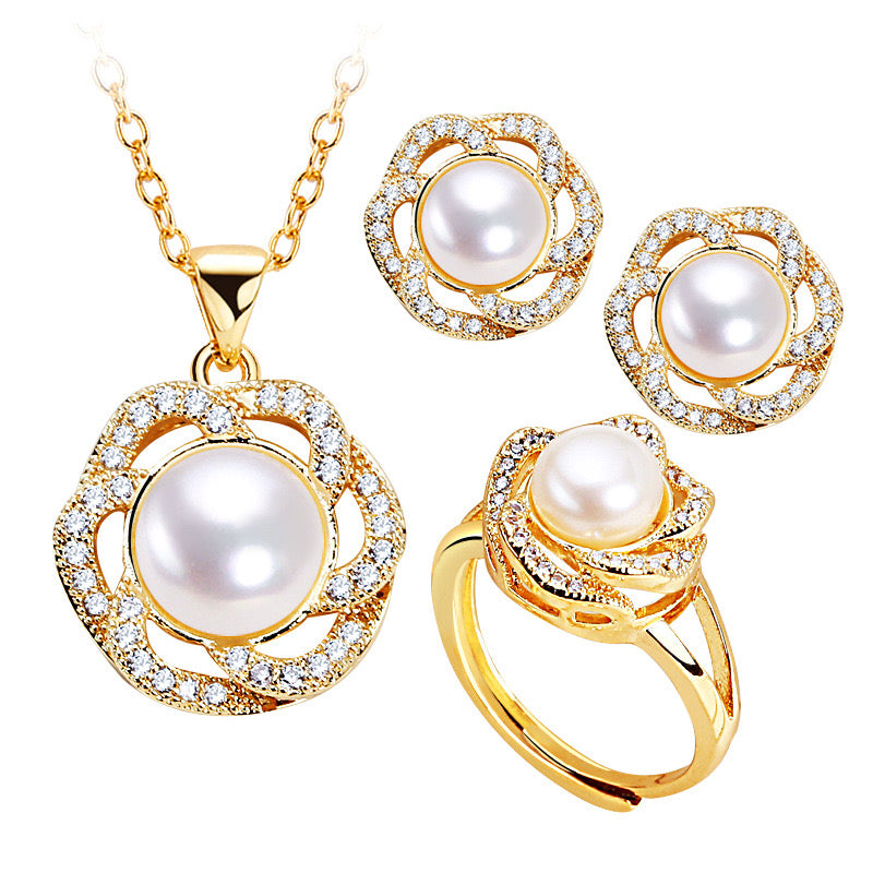 Brass Plated with 18K Gold Genuine Freshwater Pearl Rose Dew Set