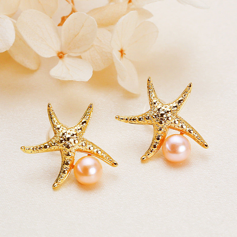 Brass Plated with 18K Gold Genuine Freshwater Pearl Starfish Earrings