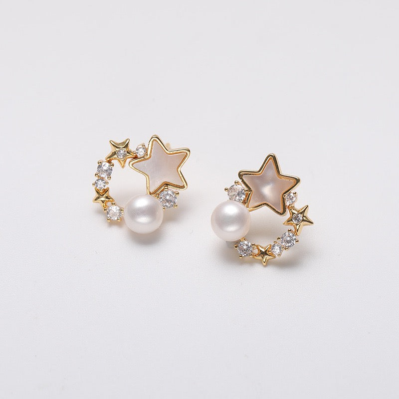 Genuine Freshwater Pearl Solid S925 Silver Moon Star Earrings