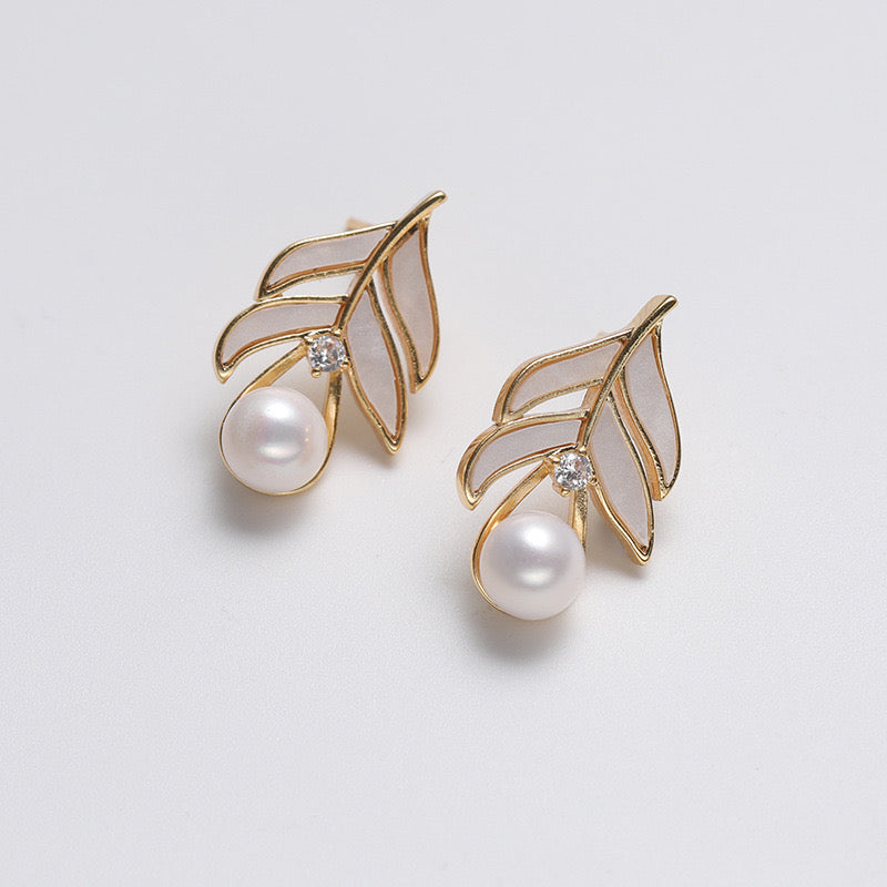 Genuine Freshwater Pearl Solid S925 Silver Lucky Leaf Earrings