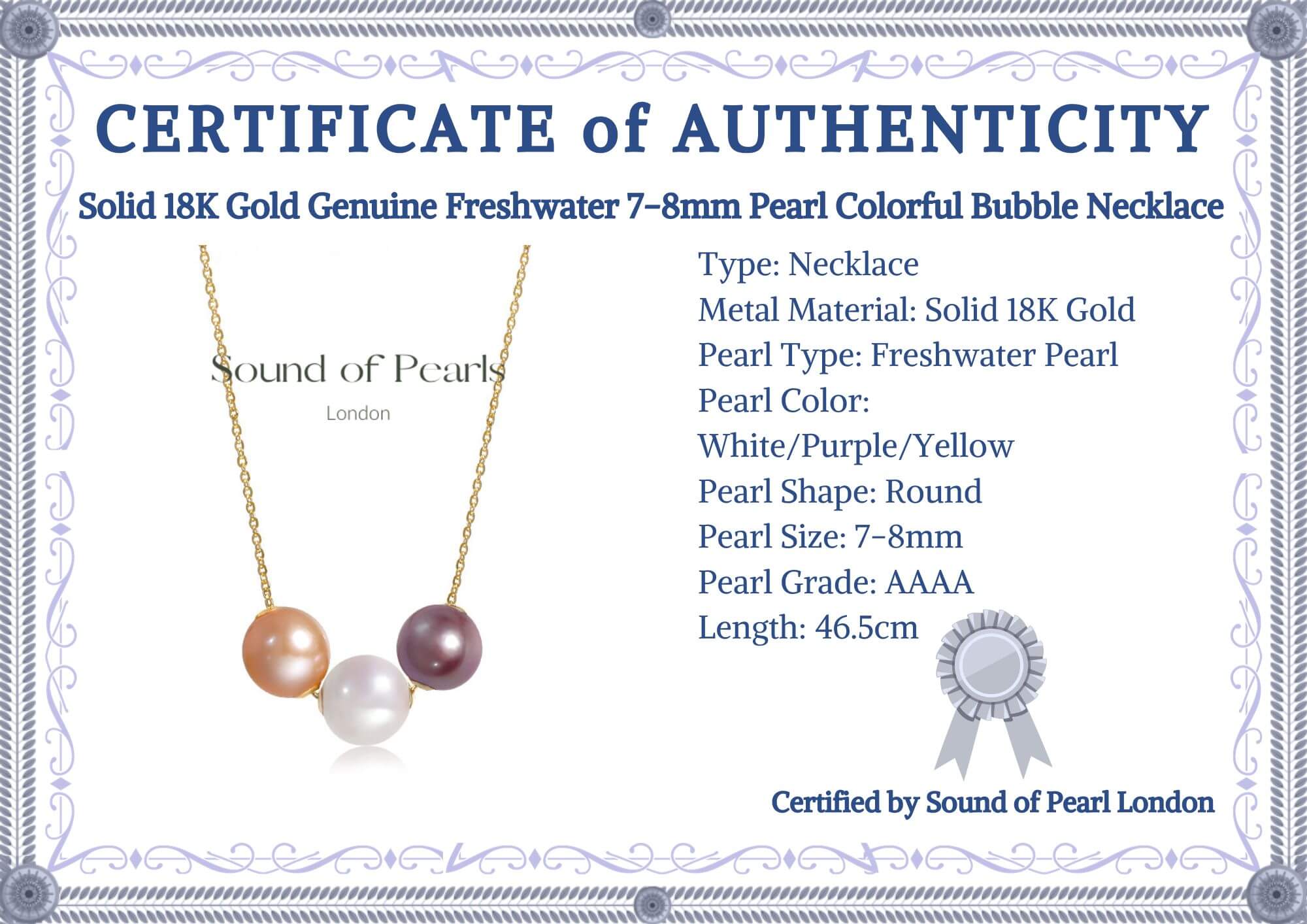 Solid 18K Gold Genuine Freshwater 7-8mm Pearl Colorful Bubble Necklace